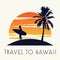 Man hold surf board stand on island nearby palm tree, on sunset time,vintage and classic color, silhouette shirt design