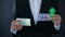 Man holding banknotes, dollar growing relative russian ruble, stock market