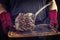 Man is holding Barbecue Wagyu Tomahawk Steak on old burnt cutting board in his hands - vintage