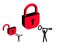 Man holding big turnkey key opening padlock lock vector icon style illustration isolated