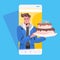 Man holding cake celebrating online birthday party celebration concept
