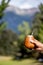 Man holding calabash yerba mate in nature. Travel and adventure concept. Latin American drink yerba mate