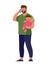 The man is holding the child and talking on the phone. Freelance, remote work, family and work concept. Cartoon flat vector