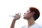 Man holding clean fresh mineral water bottle with white background, drinking water outdoor under summer heat. Health care, Well be