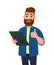 Man holding a clipboard and showing thumbs up or like sign. Man holding report or document. Human emotion concept vector.