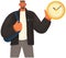 Man holding clock in hand to delay time. Character deals with deadline. Watch as symbol of control