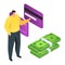 Man holding credit card near stacks of money, online payment concept, digital transaction. Banking technology, finance