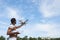 Man holding drone with four rotors