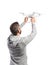 Man holding drone. Studio shot on white background, isolated