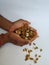 Man holding and dropping from distance of mixed dry fruits isolated on white background