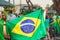 Man holding flag at street demonstration against corruption in Brazil. Concept democracy image with space text