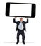 Man holding giant cell smart phone w blank screen