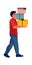 Man holding gift box. Cartoon character carries wrapped containers with ribbons. Isolated male makes holiday shopping