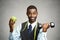 Man holding green apple dumbbell