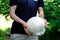 Man holding a huge white mushroom Calvatia gigantea in his hands, foliage of green trees in the background, forest, nature wonders