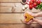 Man holding italian  spaghetti heart shaped. Closeup. Italian food or cooking concept. Selective focus