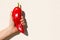 The man is holding a large red pepper in his hand.