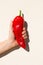 The man is holding a large red pepper in his hand.