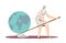 Man holding lever trying to lift earth with fulcrum. Cartoon male lifting stone with efforts