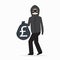 Man holding money bag with pound sign. Beware pickpocket sign