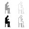 Man holding mug and looking at the contents inside while sitting on stool Concept of calm and home comfort icon set grey black
