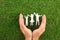 Man holding near paper silhouette of family on green grass, top view