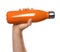 Man holding orange thermos bottle on white background, closeup