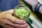 Man holding out dried organic hops in a glass jar