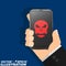 A man is holding a phone hacked in his hand. The red skull burns on the modern screen and indicates a serious danger. Flat style