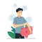 Man holding piggy bank with money. Can use for web banner, infographics