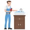 Man holding Pipe Wrench  and fixing wash basin Vector Icon Design, Plumber equipment Symbol, Handyman Service Works Sign, Sanitary