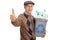 Man holding a recycling bin and giving a thumb up