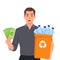 Man holding recycling garbage can and holding money. Reverse Vending Machine Recycling and Reward Money From Garbage Cans Bottle