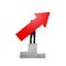 Man holding red arrow up on podium