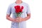 Man holding red rose flower. Valentines day and  Couples concept. Love and Flirting theme. Close up at rose. Body part and