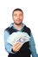 Man holding Romanian money