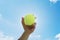 Man holding and serving a yellow tennisball against blue sky. Sports, competition and fitness concept