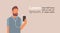 Man holding smartphone listening to music with headphones young bearded guy relaxing male cartoon character portrait