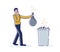 Man holding smelly bag of waste. Male throwing stinky garbage in trash bin
