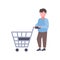 Man holding trolley cart buying products big shopping concept supermarket customer male cartoon character full length