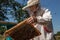 A man holds a frame with bees in his hands. A suit for a beekeeper, a jumpsuit and a mesh cap protection on the head