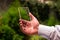 Man holds futuristic transparent smart phone in a green blurred background