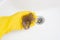 A man holds a lot of hair in rubber yellow gloves against the background of a sink. The problem of clogged drains in the