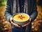 A man holds a plate of pumpkin soup against the background of autumn leaves. Generated by AI