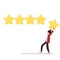 Man holds star above head going to leave rating of five stars cartoon style