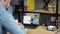 Man at home office study online video call webcam laptop, smiling listen teacher