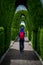 Man with a hood passing by a tunnel made of trees. Labyrinth of plants