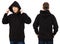 Man hoody set, black hoody front and back view, hood mock up. Empty male hoody copy space. Front and rear background