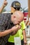 Man at hot dog eating contest.