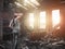 Man house owner stands inside his burnt house interior with burned furniture in arson and holding head by hand, fire aftermath